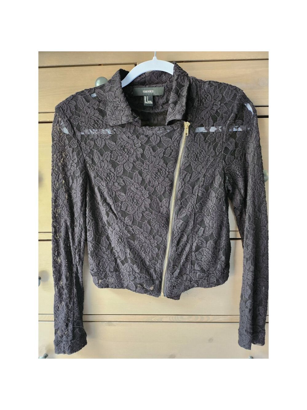 Forever 21 Black Lace Jacket Gold Zip up with Gold Zippers on the sleeves size S